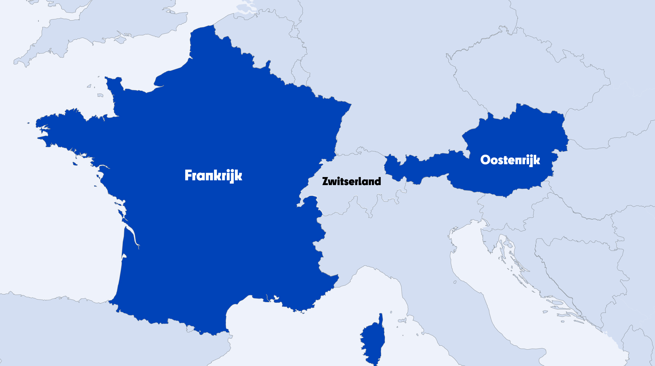 Kaart van Europa met Frankrijk, Zwitserland en Oostenrijk