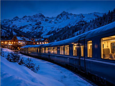 Nachttrein door de besneeuwde Franse Alpen